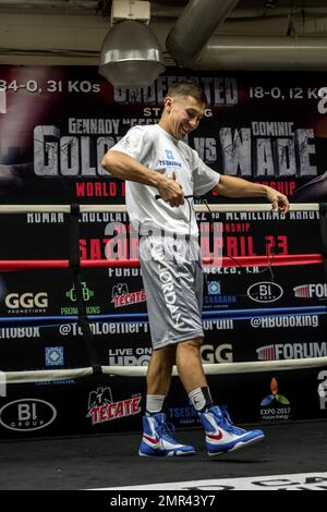 Der WBA/IBF-Mittelgewichtsmeister Gennady Golovkin entschied sich, sein gewohntes, vollwertiges Training mit Abel Sanchez zu absolvieren, während sein Gegner Dominic Wade sich seine Bestleistungen für Samstagabend aufbewahrte, wenn beide Kämpfer sich auf dem Forum in Los Angeles, Kalifornien, gegenüberstehen. Die Veranstaltung wird live im HBO World Championship Boxing übertragen. 20. April 2016. Stockfoto