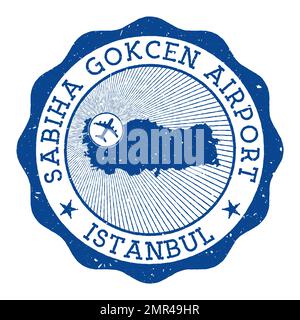 Stempel am Flughafen Sabiha Gokcen in Istanbul. Rundes Logo des Flughafens von Istanbul mit Lage auf der türkischen Karte gekennzeichnet durch Flugzeug. Vektordarstellung. Stock Vektor