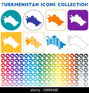 Turkmenistan Icons Sammlung. Bunte, trendige Kartensymbole. Modernes Turkmenistan-Abzeichen mit Länderkarte. Vektorabbildung. Stock Vektor