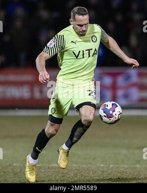 Crewe, Großbritannien. 31. Januar 2023. Chris Hussey #23 von Stockport County während des Spiels der Sky Bet League 2 zwischen Crewe Alexandra und Stockport County im Alexandra Stadium, Crewe, Großbritannien, 31. Januar 2023 (Foto von Ben Roberts/News Images) in Crewe, Großbritannien, am 1./31. Januar 2023. (Foto: Ben Roberts/News Images/Sipa USA) Guthaben: SIPA USA/Alamy Live News Stockfoto