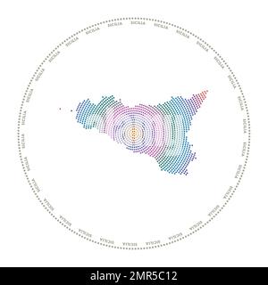 Rundes Sicilia-Logo. Digitale Form von Sizilien im gepunkteten Kreis mit Inselnamen. Techniksymbol der Insel mit verlaufenden Punkten. Stock Vektor
