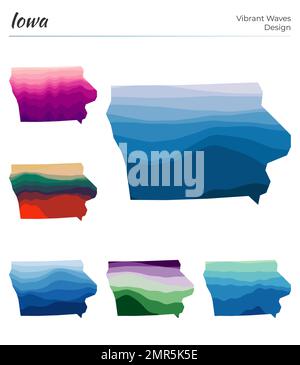 Set von Vektorkarten von Iowa. Lebendiges Wellendesign. Helle Karte des US-Bundesstaates in Form geometrischer glatter Kurven. Mehrfarbige Iowa-Karte für dein Design. Stock Vektor