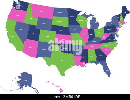 Politische Karte der USA, Vereinigte Staaten von Amerika, in vier Farben mit weißen Staatsnamen auf weißem Hintergrund. Vektordarstellung Stock Vektor