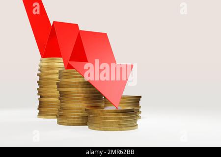 Roter Pfeil springt von goldenen Münzen herunter. Veranschaulichung des Konzepts der Rezession, fallender Währungspreise und Finanzkrise Stockfoto