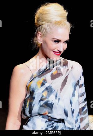 Der Sänger und Modedesigner Gwen Stefani, der im Herbst 2011 im Lincoln Center während der Mercedes-Benz Fashion Week stattfindet, begibt sich in einem durchsichtigen, gemusterten Maxikleid auf den Laufsteg. Gwen, die ihr Haar in einem Bienenstock trug, schaffte es zunächst alleine den Laufsteg hinunter, aber bald kam ihr erster Sohn Kingston, der sie zu überraschen und zu erfreuen schien. Vorhin gingen Models in verschiedenen L.A.M.B. -Designs über die Laufbahn, mit einem Mädchen, das stolperte, nachdem einer ihrer roten Plateauabsätze während ihres Spaziergangs zerbrach. New York, NY. 02/17/11. Stockfoto