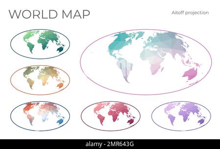 Niedrige Poly-Welt-Karte Eingestellt. Aitoff-Projektion. Sammlung der Weltkarten im geometrischen Stil. Vektordarstellung. Stock Vektor