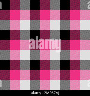 Holzfäller-Karomuster in Pink, Weiß und Schwarz. Nahtloses Vektormuster. Einfaches, klassisches Textildesign Stock Vektor
