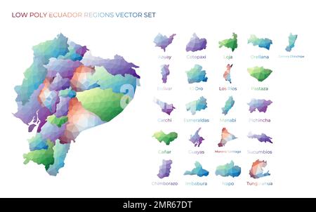 Ecuadorische Niedrigpoly-Regionen. Polygonale Karte Ecuadors mit Regionen. Geometrische Karten für Ihr Design. Wunderschöne Vektordarstellung. Stock Vektor