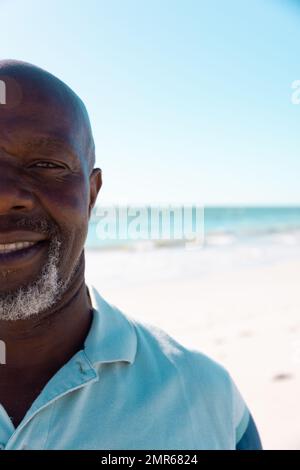 Freigestelltes Bild eines afroamerikanischen Seniorenmannes mit Glatze, der vor dem malerischen Blick auf das Meer und den klaren Himmel lächelt Stockfoto