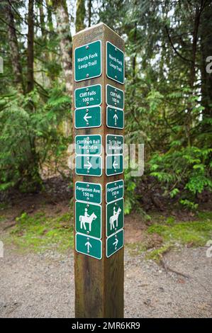 Eine Wandermarkierung am Cliff Falls Tail im Kanaka Creek Regional Park im pazifischen Nordwesten – Maple Ridge, B.C., Kanada – vertikal. Stockfoto