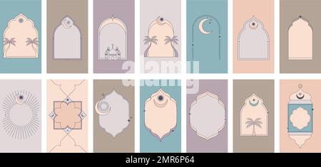 Kollektion aus minimalistisch-linearen islamischen Fenstern und Bögen mit modernem Bo-Ho-Design, Mond, Moschee-Kuppel und Laternen. Minimalistische Illustrationen Stock Vektor