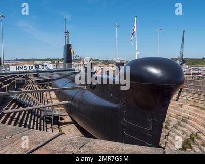 Außenansicht des U-Boots HMS Ocelot im historischen Hafen Chatham, Kent, Großbritannien. Stockfoto