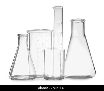 Reinigen Sie leere, auf weiß isolierte Laborglasgeräte Stockfoto