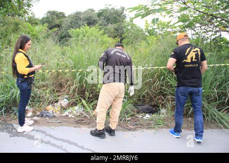 Manaus, Amazonas, Brasilien. 31. Januar 2023. (INT) Ein Teenager soll in Manaus entführt und ermordet worden sein. 31. Januar 2023, Manaus, Amazona, Brasilien: Mit sieben Schüssen wurde der Teenager Bryan Azevedo Dantas, 17 Jahre alt, am Dienstag (31) Morgen tot in einem bewaldeten Bereich der Avenida Oitis, im Industriebezirk 2, östlich von Manaus, aufgefunden. Der Verdächtige ist, dass der junge Mann entführt und ermordet wurde, bei einer möglichen Einigung über Drogenhandel. Der Fall wird von der Spezialpolizei für Tötung und Entführung (DEHS) untersucht.Kredit: Josemar Antunes/Thenews2 (Cre Stockfoto