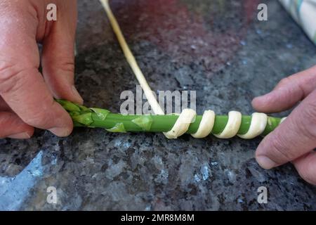 Süddeutsche Küche, Zubereitung von grünem Spargel in Brezelteig, Herrenhände, Deutschland, Europa Stockfoto