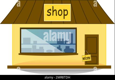24-Stunden-Geschäft mit Blick auf das Ladengebäude mit Vorzeigeeingang und Beschriftungen auf dem Schild Stock Vektor