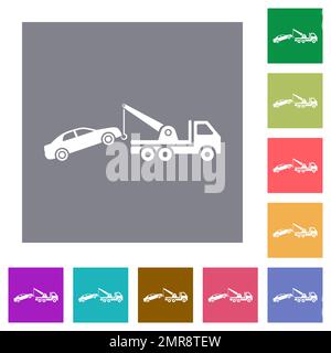 Auto Abschleppen flache Symbole auf einfache Farbe quadratischen Hintergründen Stock Vektor