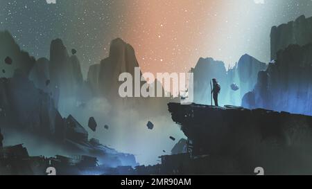 Ein Mann, der auf einer Klippe steht und die Berge sieht, mit Sternenhimmel, digitaler Kunst, Illustrationsmalerei Stockfoto