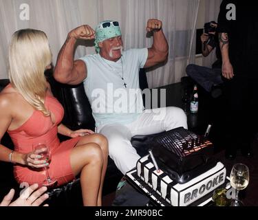 Hulk Hogan feiert seinen Geburtstag mit Frau Jennifer McDaniel und Tochter Brooke Hogan auf der Fotoausstellung Women in Cages des Fotografen Jordan Michael Zuniga, der Menschen für die ethische Behandlung von Tieren (PETA) in Miami, Florida, unterstützt. 11. August 2011. Stockfoto