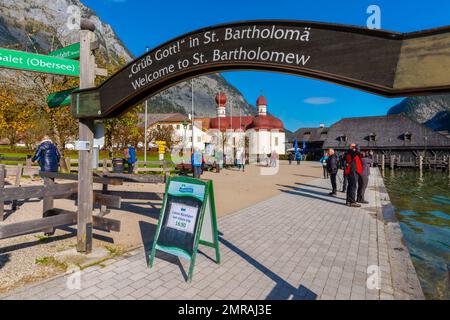 Willkommen in St. Bartholomä am Königssee, Schöngau, Berchtesgadener Land, Bayern, Deutschland, Europa Stockfoto