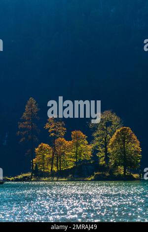 Christlieger Island mit Statue von St. John Nepomuk, Königssee, Schöngau, Berchtesgadener Land, Bayern, Deutschland, Europa Stockfoto