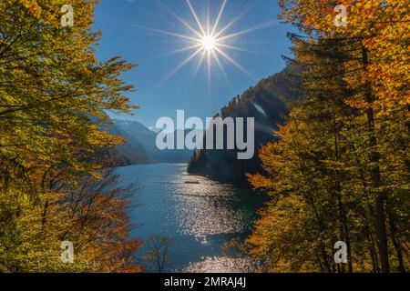 Blick auf den Königssee von der Malerecke, Schöngau, Berchtesgadener Land, Bayern, Deutschland, Europa Stockfoto