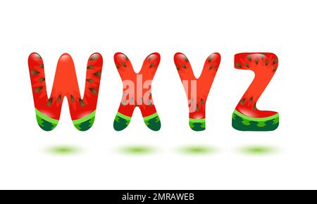 Das Alphabet. Buchstaben W, X, Y, Z aus Wassermelone. Cartoon-Fruchtalphabet. Design-Element für den Sommer. Darstellung des Rohteilvektors isoliert auf weißem Hintergrund Stock Vektor