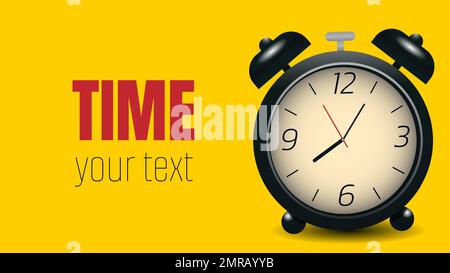 Schwarzer Vintage-Wecker auf gelbem Hintergrund mit Kopierbereich für Text. Banner mit schwarzer Uhr. Stock Vektor