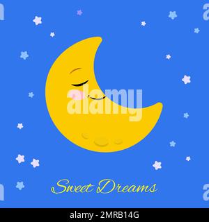 Sweet Dreams Text auf blauem Hintergrund mit Sleep Mond am Himmel rund um die Sterne. Drucke eine niedliche Grußkarte oder ein Banner aus. Stock Vektor