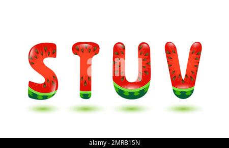 Das Alphabet. Buchstaben S, T, U, V aus Wassermelone. Cartoon-Fruchtalphabet. Design-Element für den Sommer. Darstellung des Rohteilvektors isoliert auf weißem Hintergrund Stock Vektor