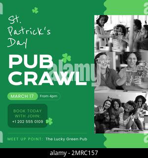 Bild von St. patrick's Day Pub Crawl Text und Shamrock auf grünem Hintergrund Stockfoto