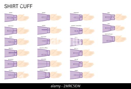 Set mit Manschetten in Hemdärmeln Kleidungsarten - westlich, französisch, minimal, Blende, Knopf, Quadratische technische Modezeichnung. Flache Bekleidungsvorlage für Nahaufnahmen auf der Rückseite. Frauen, Männer, Unisex-CAD-Modell Stock Vektor