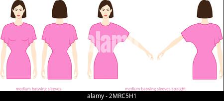 Fledermausärmel kurze Länge Kleidung Figur wunderschöne Dame in pinkfarbenem Oberteil, Hemd, Kleid technische Modezeichnung, angepasst. Flache Bekleidungsvorlage vorne, Rückseite. Frauen, Männer, Unisex-CAD-Modell Stock Vektor