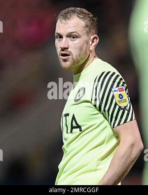 Crewe, Großbritannien. 31. Januar 2023. Ryan Croasdale #18 of Stockport County während des Spiels der Sky Bet League 2 Crewe Alexandra vs Stockport County im Alexandra Stadium, Crewe, Großbritannien, 31. Januar 2023 (Foto von Ben Roberts/News Images) in Crewe, Großbritannien, am 1./31. Januar 2023. (Foto: Ben Roberts/News Images/Sipa USA) Guthaben: SIPA USA/Alamy Live News Stockfoto