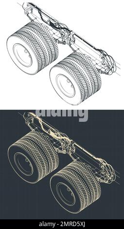 Stilisierte Vektordarstellungen isometrischer Entwürfe der Tandem-Lkw-Achsaufhängung Stock Vektor