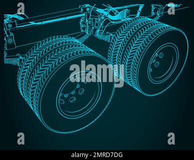 Stilisierte Vektorabbildungen der Nahaufnahme der Tandem-Lkw-Achsaufhängung Stock Vektor