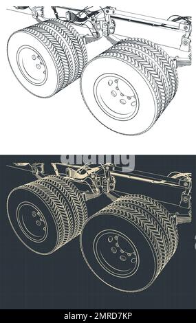 Stilisierte Vektorabbildungen der Nahaufnahme der Tandem-Lkw-Achsaufhängung Stock Vektor