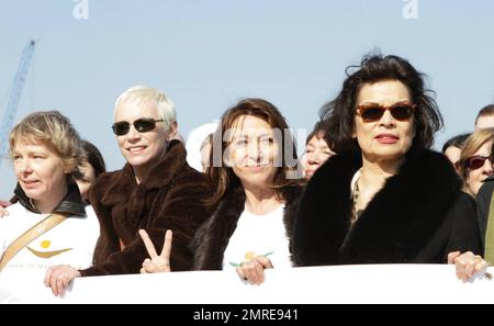 Jude Kelly, Annie Lennox, Cheri Lunghi und Bianca Jagger gehen während der zweiten jährlichen Kampagne "Join me on the Bridge", bei der am Internationalen Frauentag weiße Tauben freigelassen wurden, Seite an Seite mit anderen Frauen, die Schilder auf der Millennium Bridge tragen. Unter den Frauen war Dr. Helen Pankhurst, der sagte: "Es ist mir eine Ehre, an der "Join Me on the Bridge"-Kampagne teilzunehmen. Wie es meine Urgroßmutter vor 100 Jahren tat,“ und sich dabei auf Emmeline Pankhurst bezog, eine englische politische Aktivistin und Anführerin des britischen Suffragette M. Stockfoto