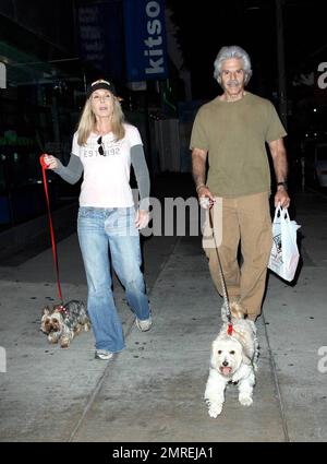 Mexikanischer Schauspieler spanischer Abstammung Jorge Rivero führt seine Hunde mit einer Freundin auf dem Robertson Blvd in Los Angeles, Kalifornien, aus. 9/11/09. Stockfoto