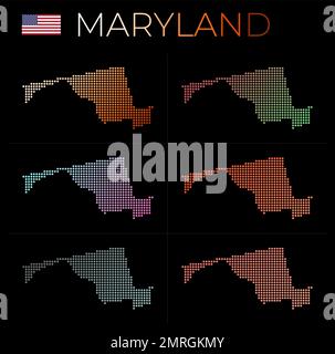 Maryland gepunktete Karten. Karte von Maryland im gepunkteten Stil. Grenzen des US-Bundesstaates mit schönen glatten Gradientenkreisen. Stock Vektor