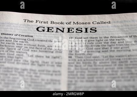 Eine Nahaufnahme der offenen Seite mit dem ersten Buch von moses namens Genesis Text Stockfoto