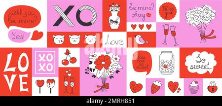 Valentinstag-Liebesaufkleber-Set. Romantischer Etikettendruck, Sticker, klassische Kunst-Sammelalbum-Kollektion. Geschenkelemente im Valentinstag-Design für eine Postkarte mit Einladung, eine Begrüßungsvorlage zur Feier, einen Planer Stock Vektor