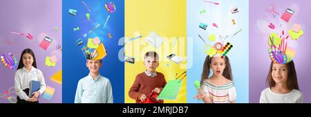 Collage von Kleinkindern und Schulbedarf auf farbigem Hintergrund Stockfoto