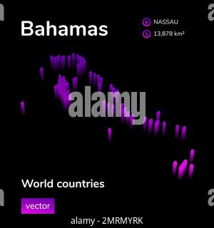 Karte der Bahamas 3D. Stilisierte, isometrische Neonvektorkarte der Bahamas in violetten Farben auf schwarzem Hintergrund. Informationsbanner Stock Vektor