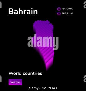 Karte Bahrain 3D. Isometrische Vektorkarte von Bahrain mit stilisierten Neonstreifen in violetten und rosafarbenen Farben auf schwarzem Hintergrund. Informationsbanner Stock Vektor