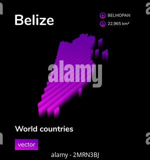 Belize 3D Karte. Stilisierte, isometrische Neonvektorkarte von Belize in violetten Farben auf schwarzem Hintergrund. Informationsbanner Stock Vektor