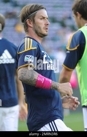 David Beckham und sein TEAM VON LA Galaxy haben 26.000 ausverkaufte Spieler geschlagen und haben ihre Heimkonkurrenten, die Chivas USA, mit einem 1-0-Sieg ausgeschlossen, um die reguläre Saison ungeschlagen zu beenden. Beckham spielte das ganze Spiel, während seine Söhne Cruz, Brooklyn und Romeo auf der Tribüne zuschauten. Seine beiden Lieblingsfrauen, Frau Victoria und das neugeborene Harper Seven, kamen diese Saison ins Home Depot Center und sahen zu, wie die LA Galaxy die Chivas aus einer Suite schlug. Die Galaxy (19-4-10) hatte das Supporters' Shield bereits für den besten Rekord der MLS in der regulären Saison gekämpft und sich die Supe gesichert Stockfoto