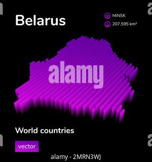 Karte von Belarus 3D. Stilisierte Neon-Vektorkarte mit digitalen isometrischen Streifen in violetten, rosafarbenen Farben auf schwarzem Hintergrund. Stock Vektor