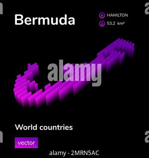 Karte von Bermuda 3D. Stilisierte isometrische, gestreifte digitale Neonvektorkarte der Bermudas in violetten Farben auf schwarzem Hintergrund. Informationsbanner Stock Vektor