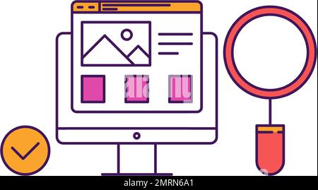 Symbol für Datenanalyse und seo-Überwachung. Computerbildschirm, Lupe, digitale öffentliche Informationen, Häkchen-flaches Vektordesign. Web r Stock Vektor